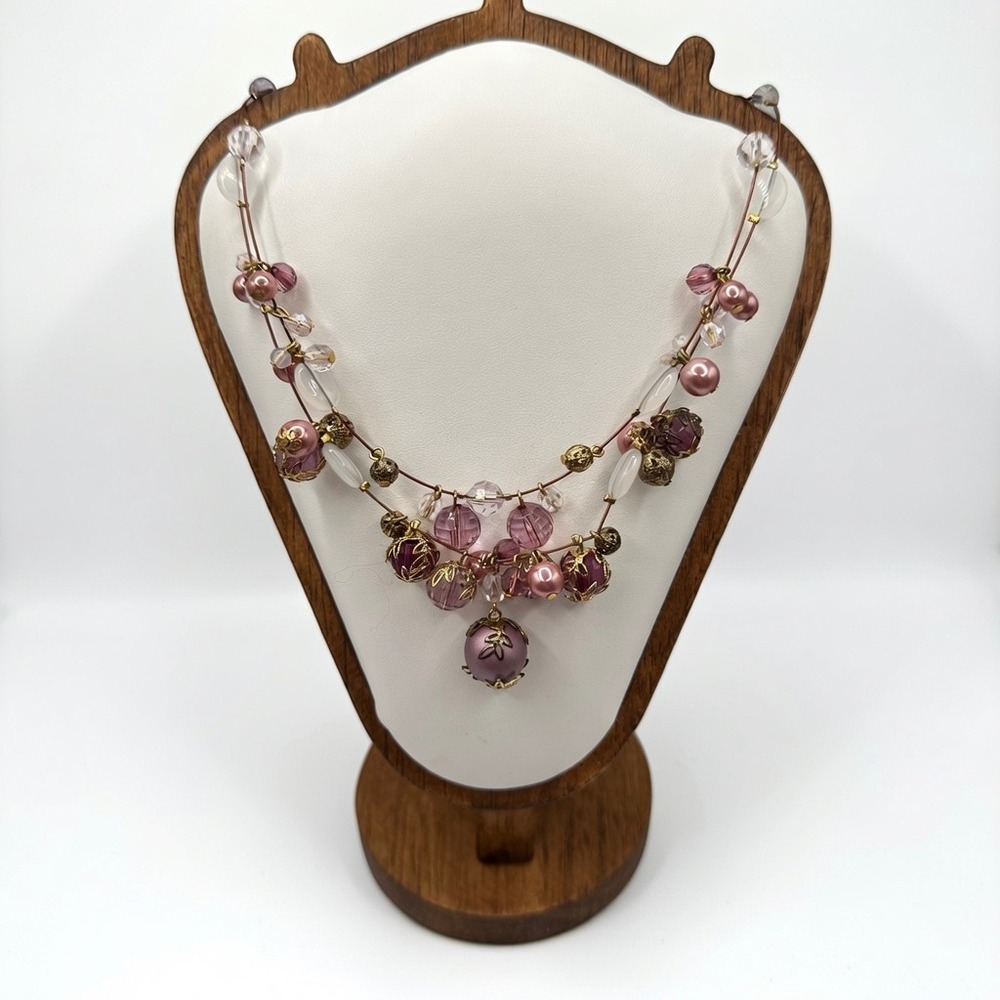 VTG Fairycore Double Strand Mauve Purple Beaded Filigree Drop Necklace Gold Tone